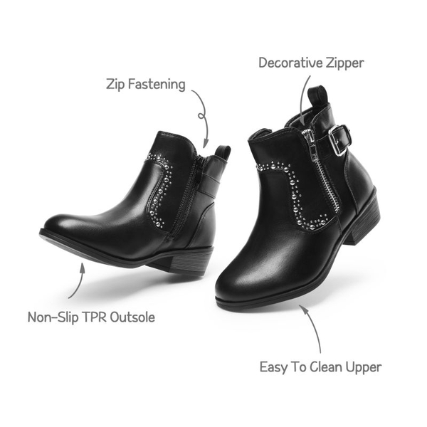 Girls Low Heel Zipper Ankle Boots - BLACK - 4